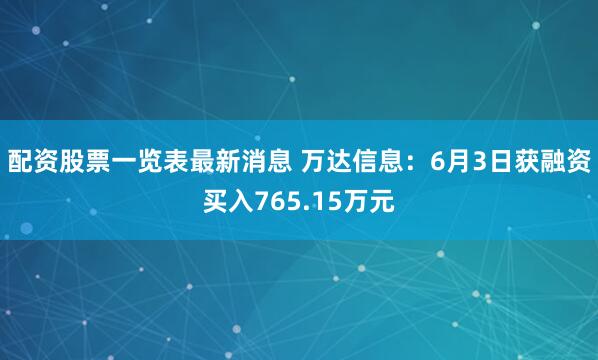 配资股票一览表最新消息 万达信息：6月3日获融资买入765.15万元